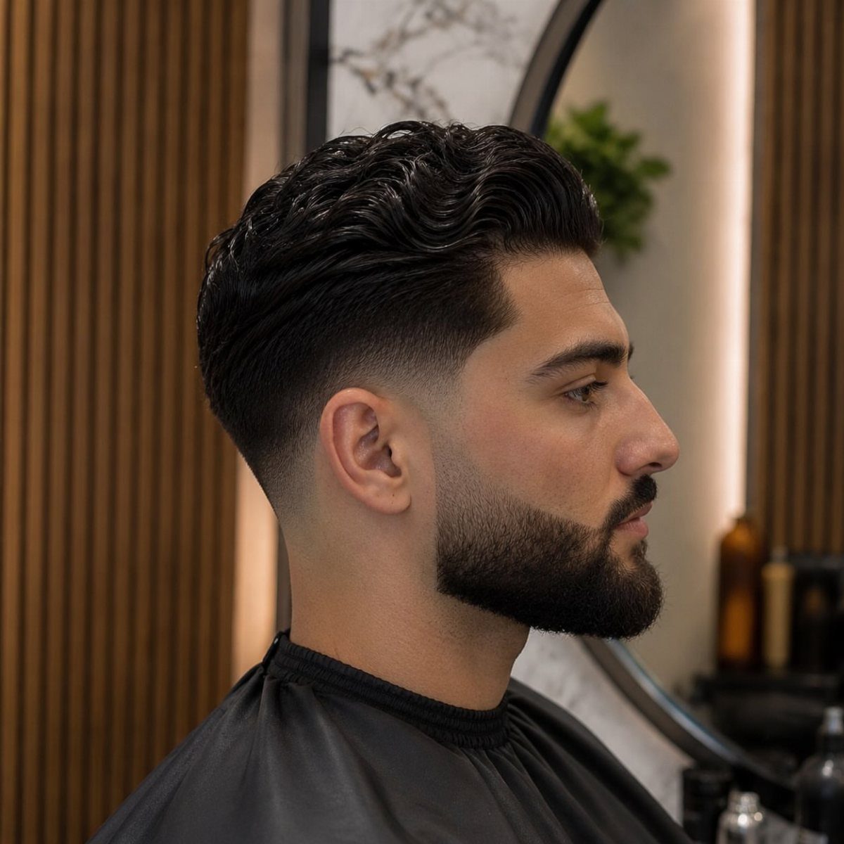 Man with a slicked-back hairstyle and skin fade wearing a black barber cape.