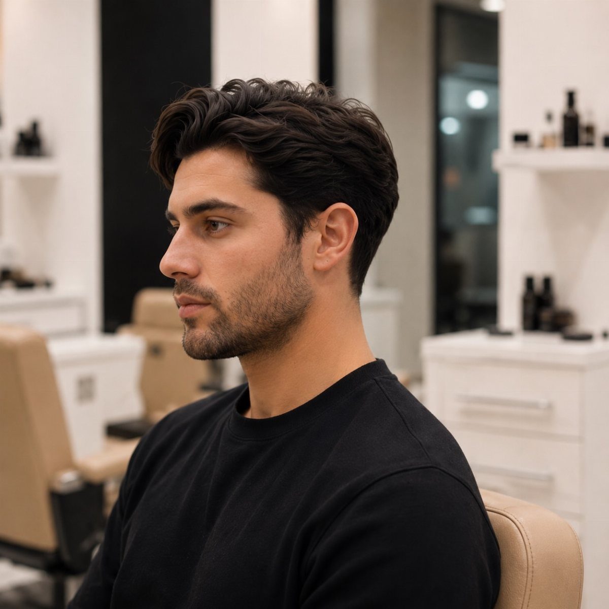 Man with wavy dark brown medium length hair posing in a bright hair salon