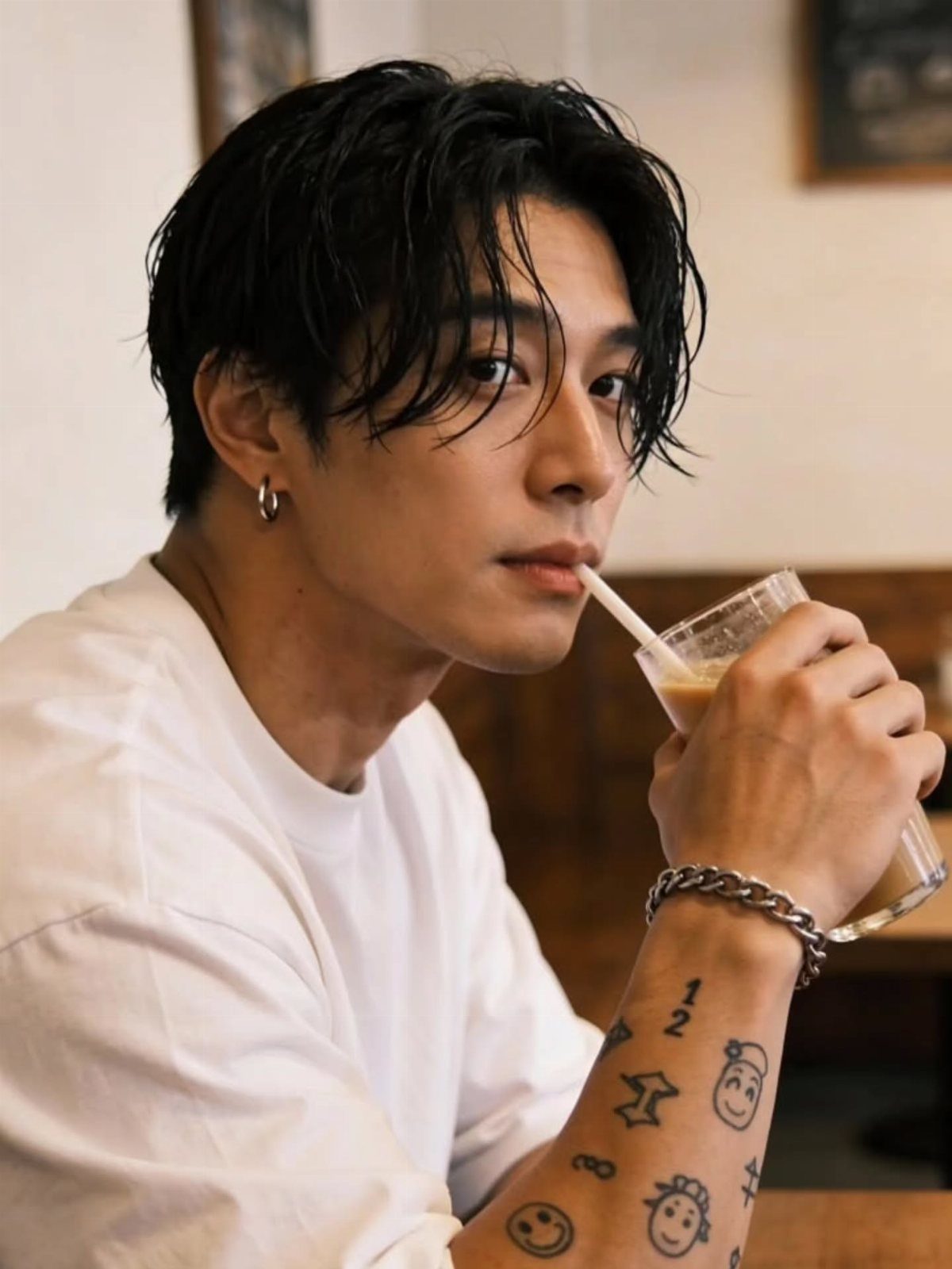 Man with messy, wet-look long black hair drinking from a plastic cup.