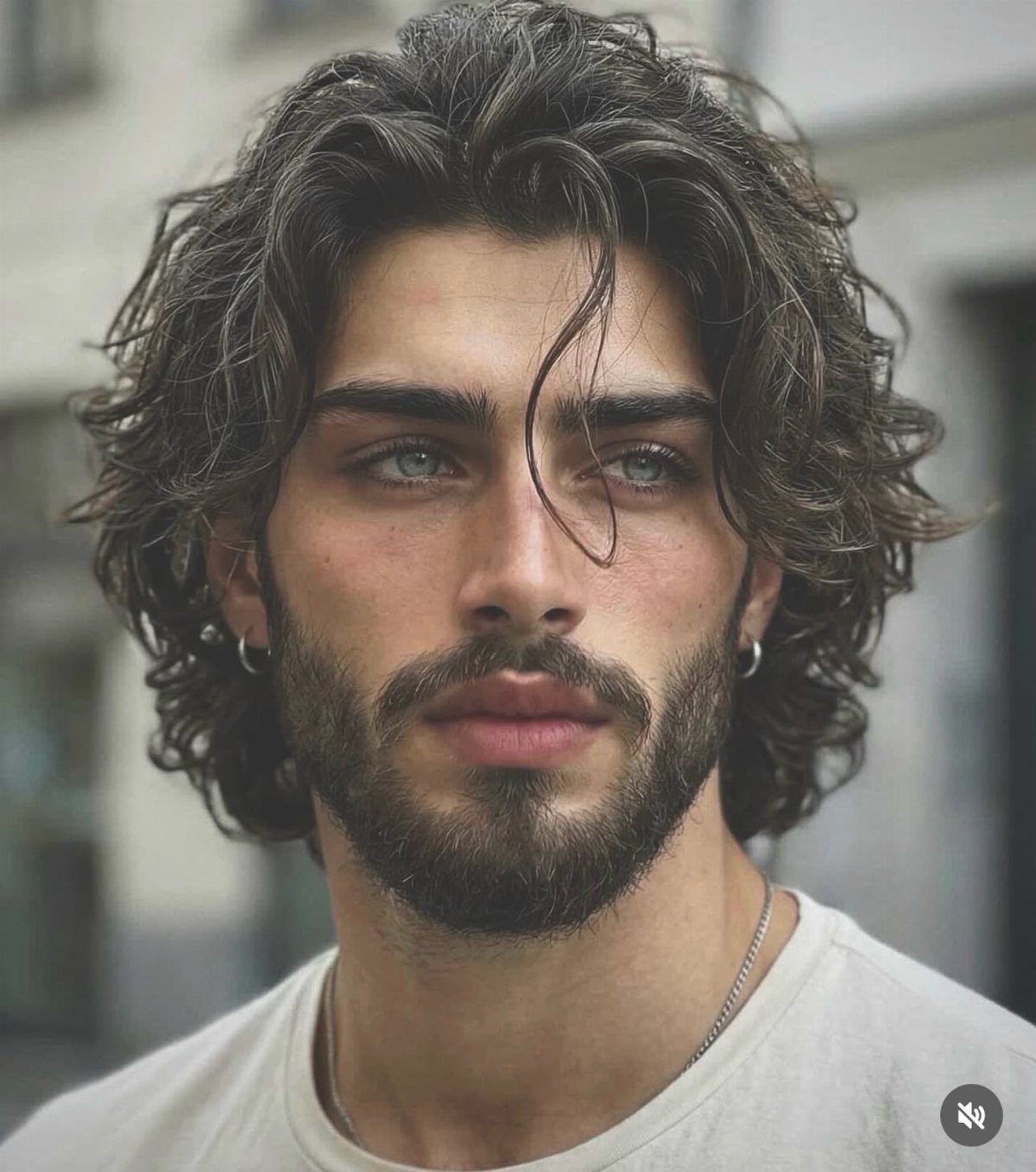 Man with long wavy brown hair worn loose with bangs and a groomed beard.