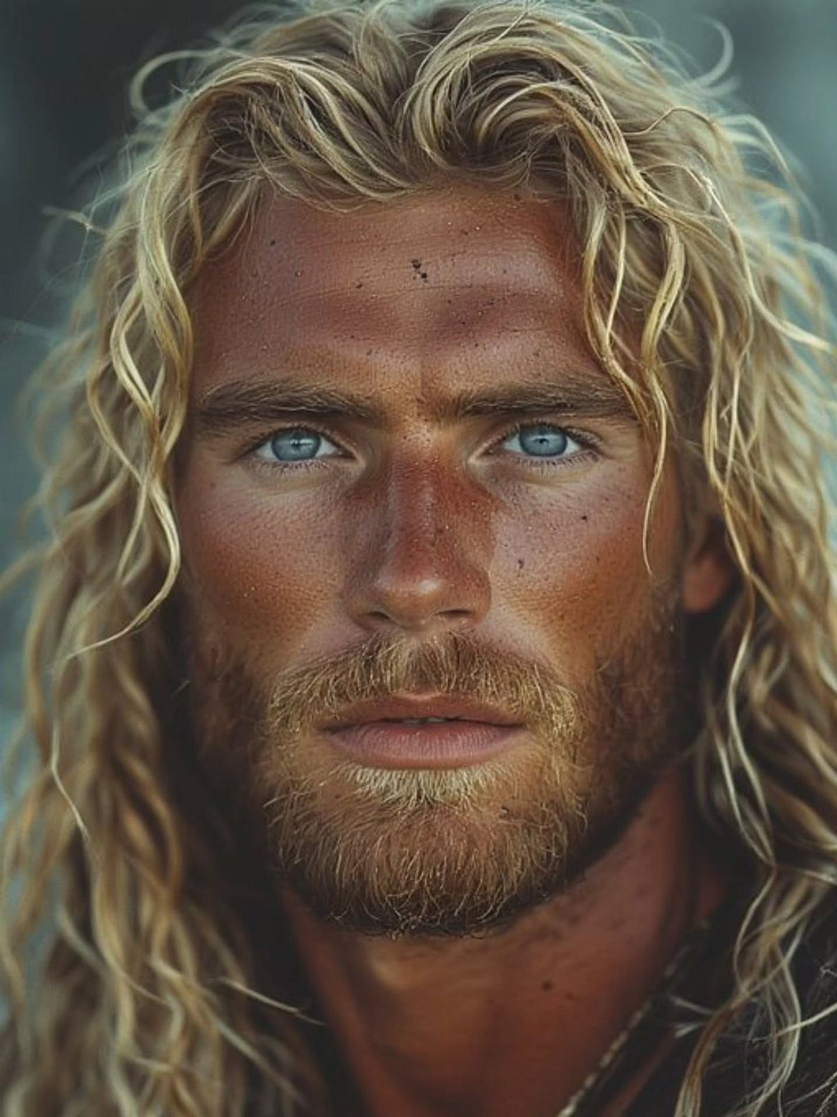 Man with long blonde messy surfer waves and a beard looking at camera
