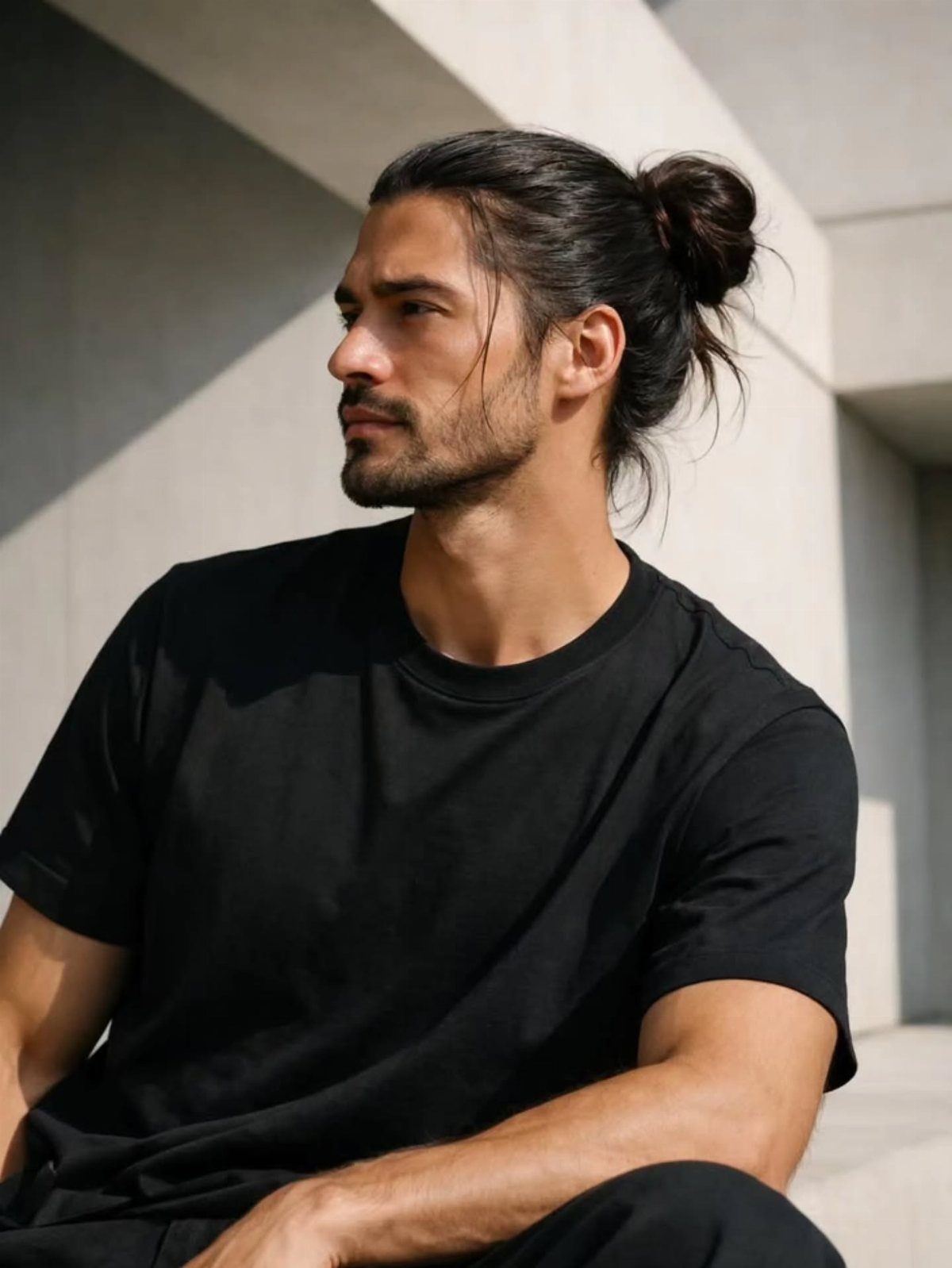 Man with dark hair tied in a smooth man bun wearing a black t-shirt.
