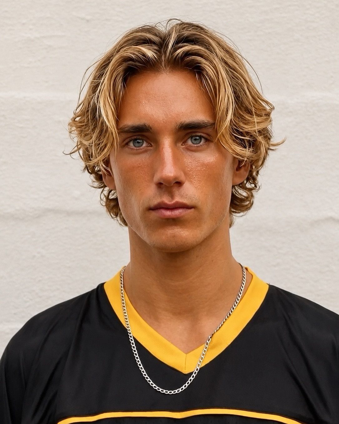 Young man with wavy blonde chin-length hair wearing a black and yellow jersey.