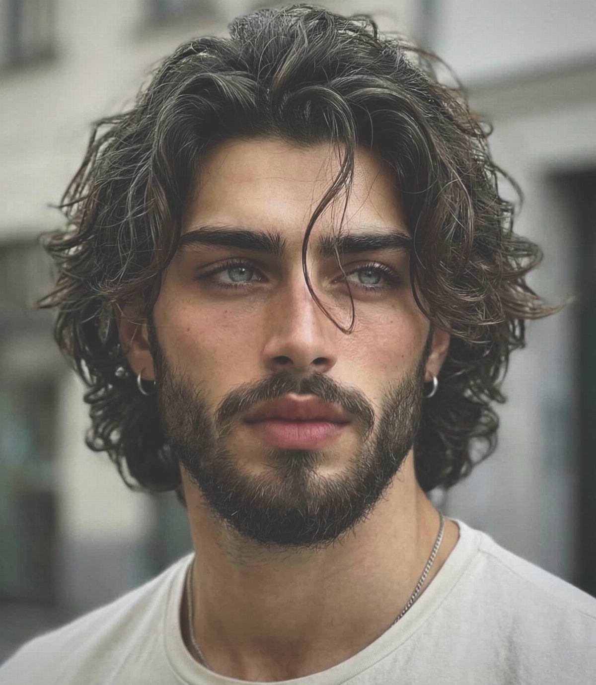 Man with long curly layered brown hair and a groomed beard.