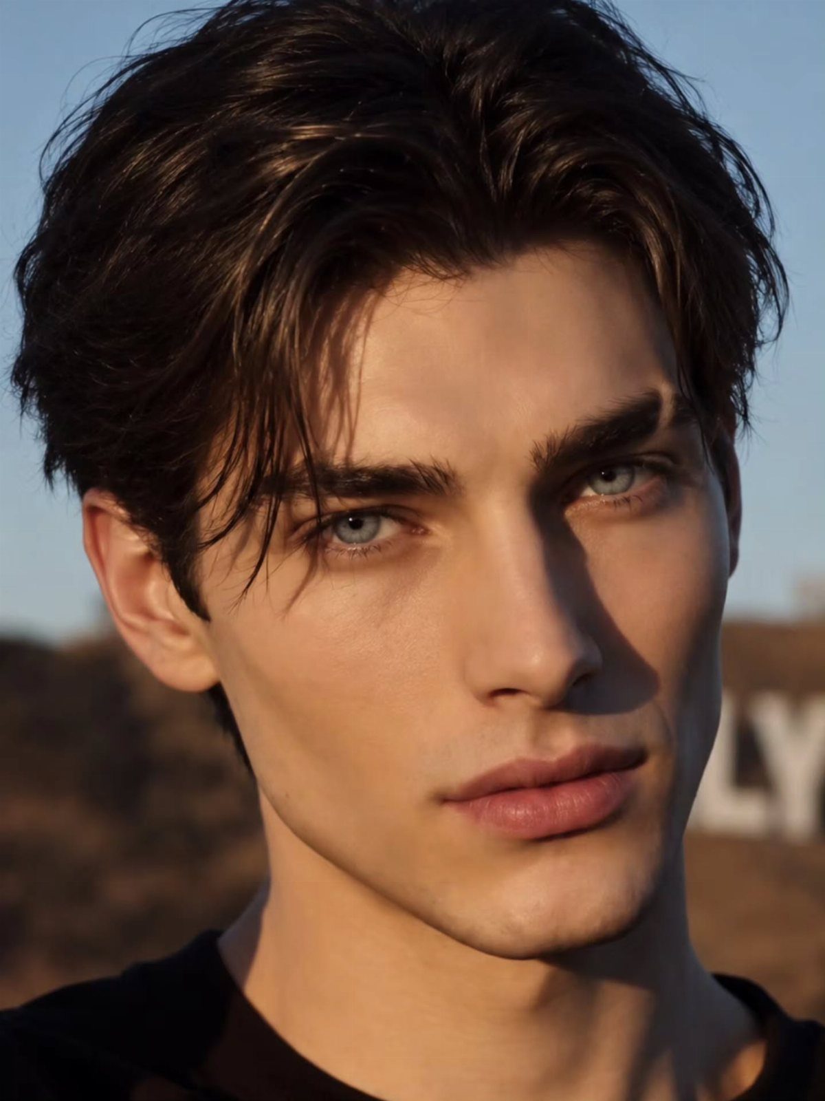 Young man with dark wavy hair parted to the side and swept across forehead.