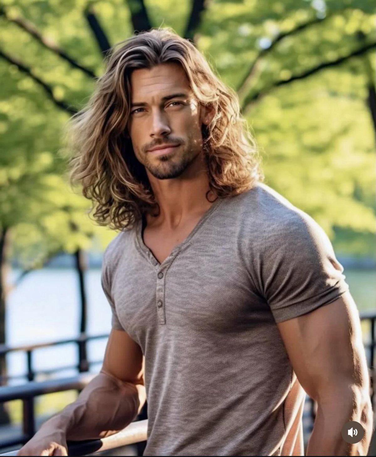 Man with long wavy light brown layered hair wearing a grey v-neck shirt.