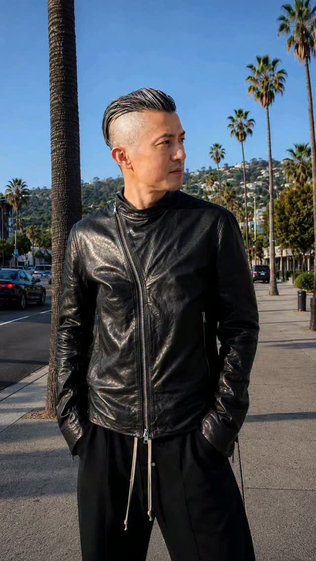 Man with a silver disconnected undercut wearing a black leather jacket outdoors.
