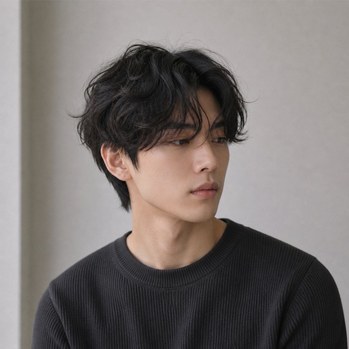 Young man with wavy, permed black medium-length hair wearing a grey ribbed sweater.