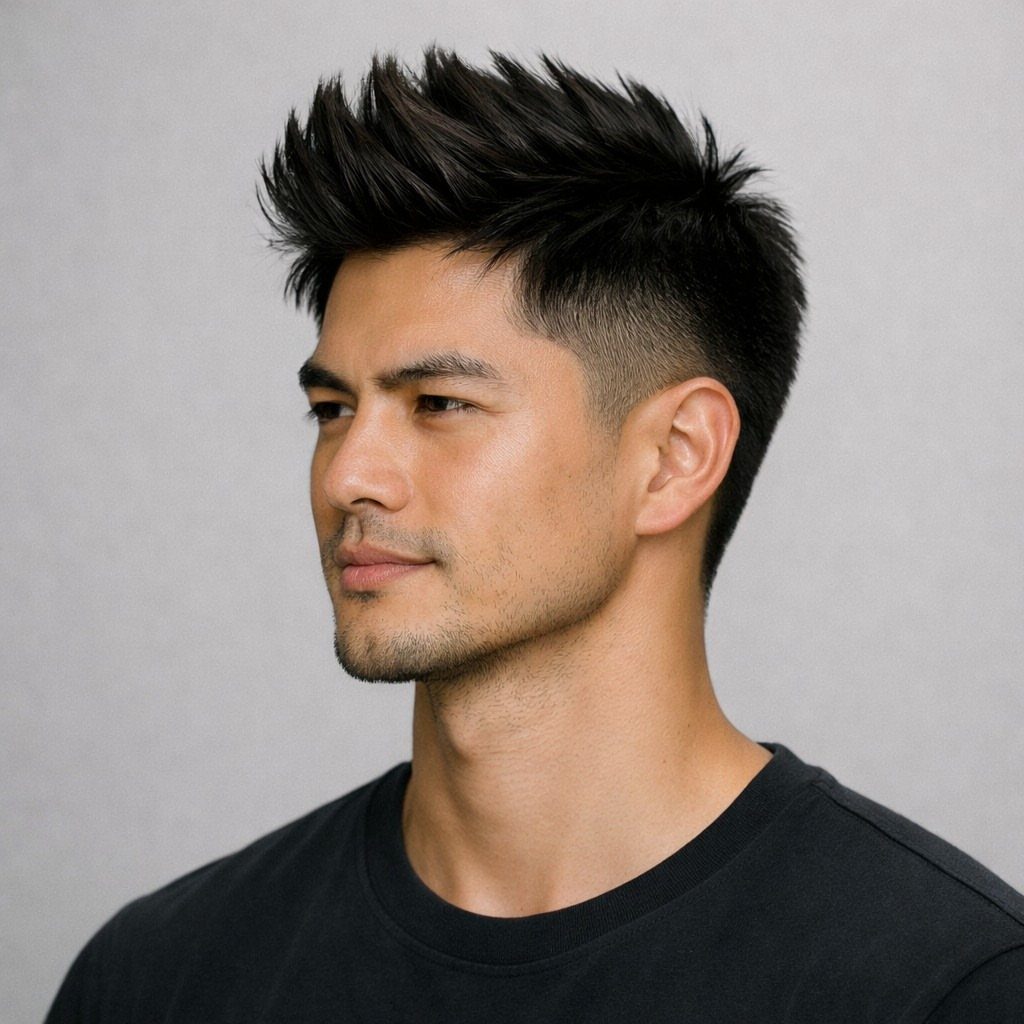 Man with a spiked faux hawk haircut and faded sides against a grey background.