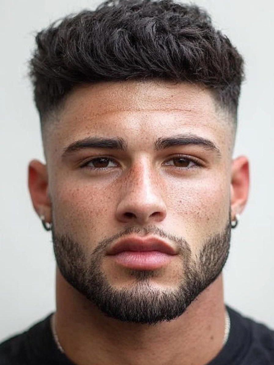 Man with a mid fade haircut, textured top, and a full groomed beard.