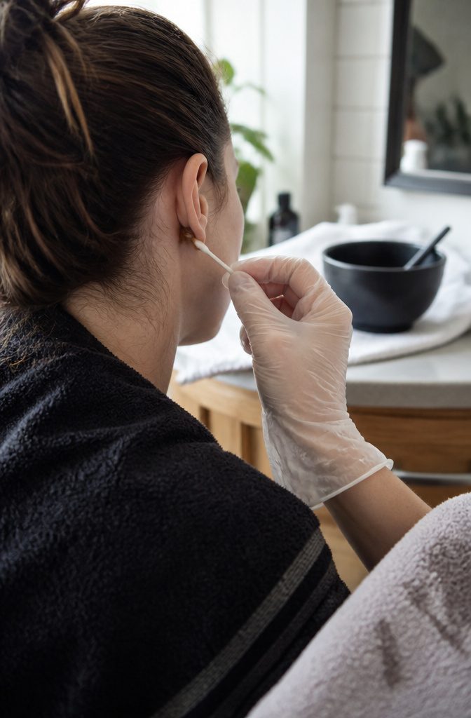 Gloved hand with cotton swab beside a small color test behind the ear