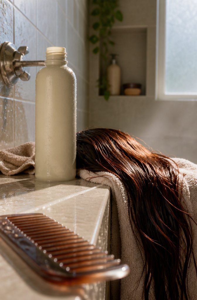 Color-safe shampoo bottle beside dyed hair