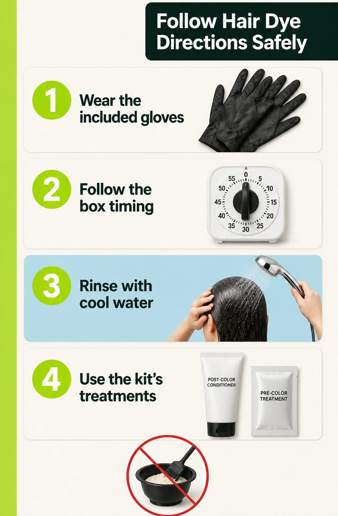 Hair dye safety graphic about following directions during application and rinsing