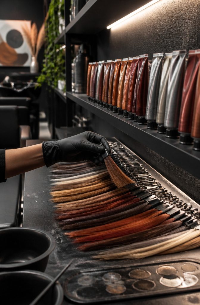 Hair color tubes above fan of brown blonde ash and red swatches