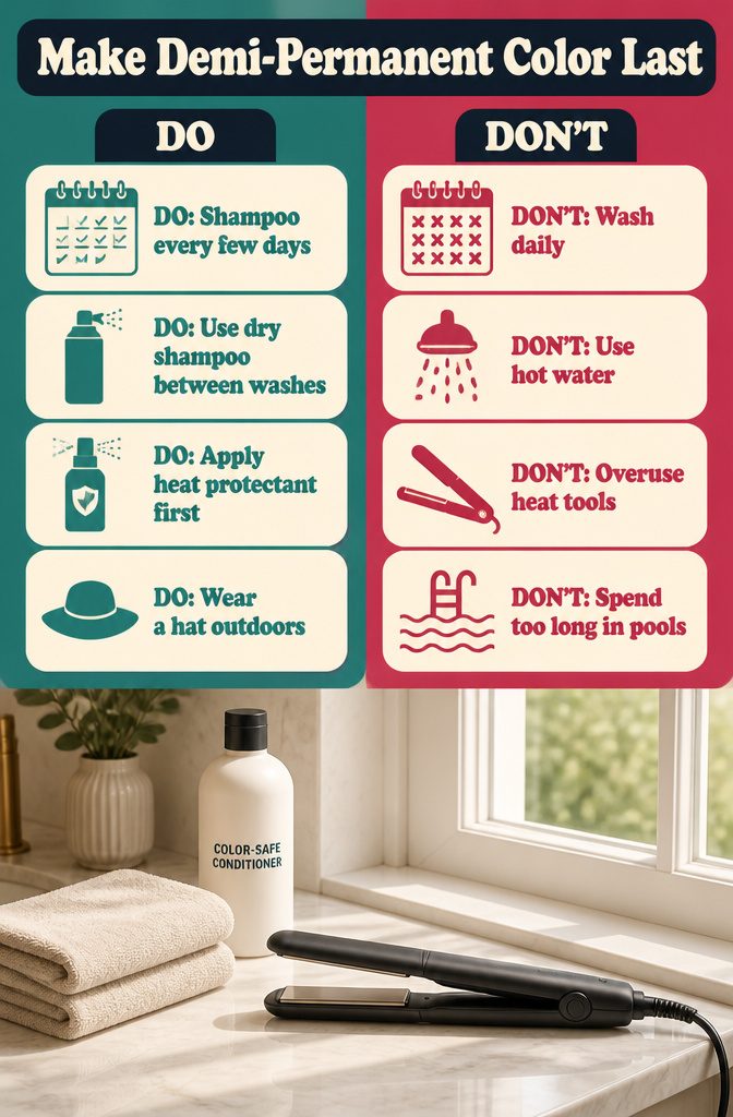 Demi-permanent color care graphic with shampoo heat sun and chlorine advice