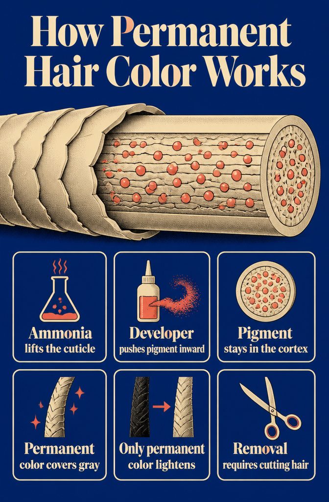 Permanent hair color graphic explaining pigment moving into the hair cortex