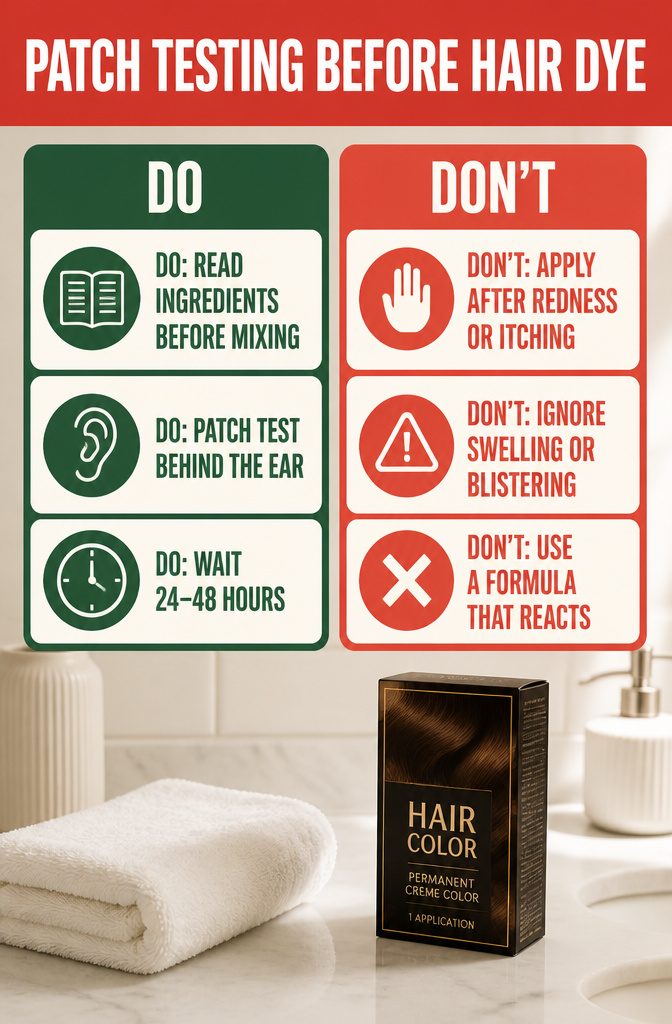 Hair dye patch test diagram showing a small test area behind the ear