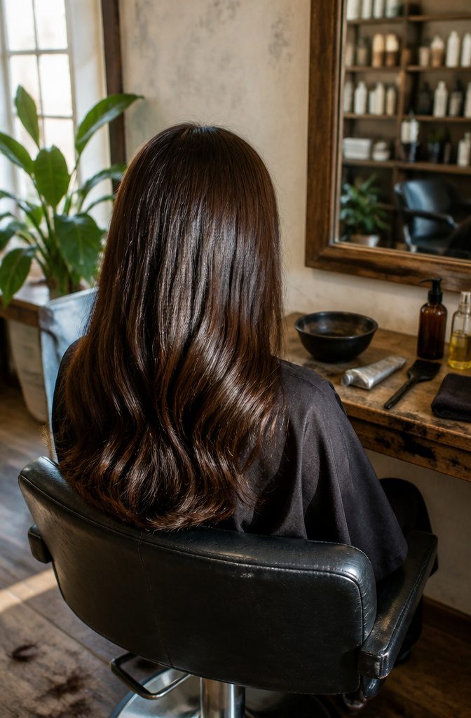 Brunette hair dye photograph showing a deep brown shade