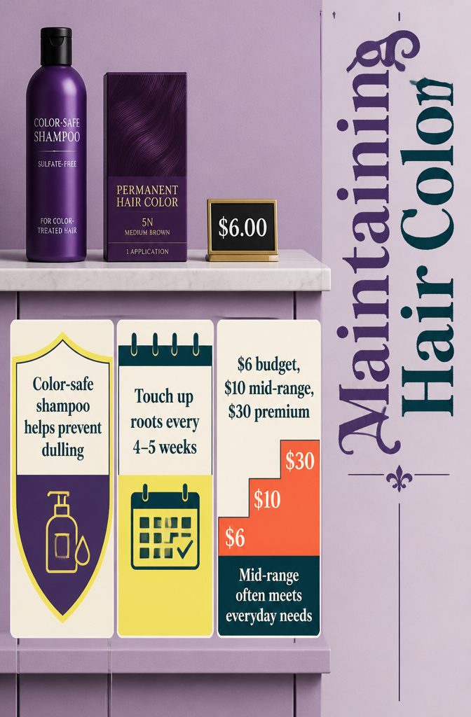 Hair color maintenance graphic with color-safe shampoo and root touch-up supplies