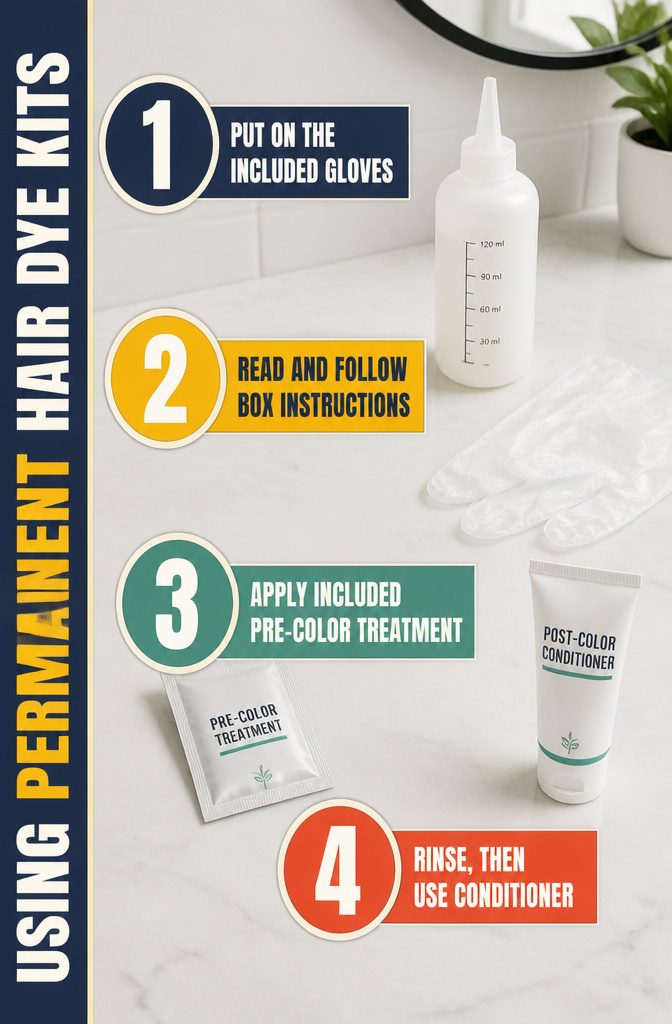Hair dye kit graphic with gloves mixing bottle brush and conditioner