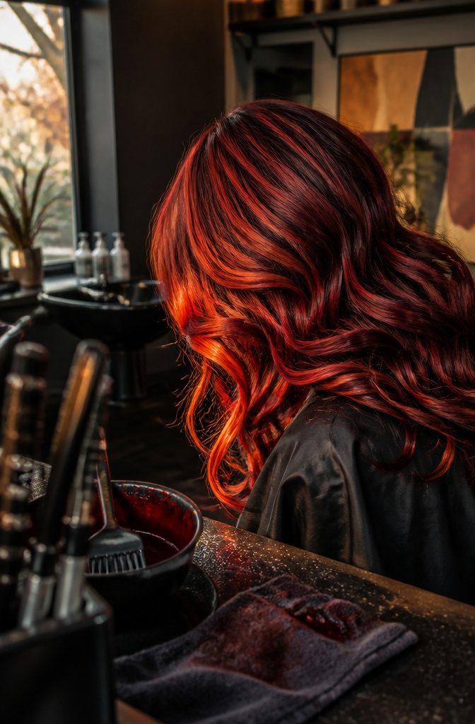 Red hair dye photograph showing vivid red hair color