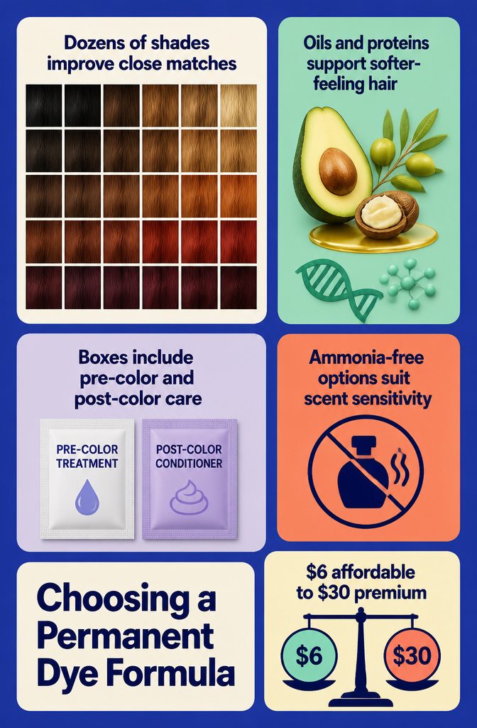 Hair dye formula graphic with shade choices and nourishing ingredients