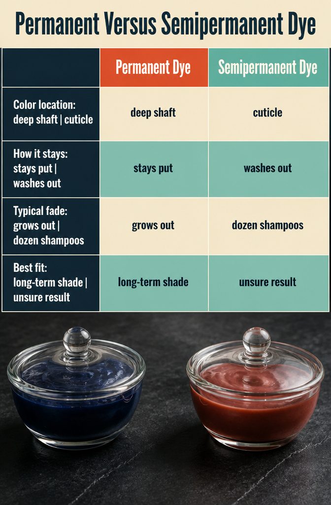 Hair dye diagram comparing color molecules deep in the shaft with color near the surface