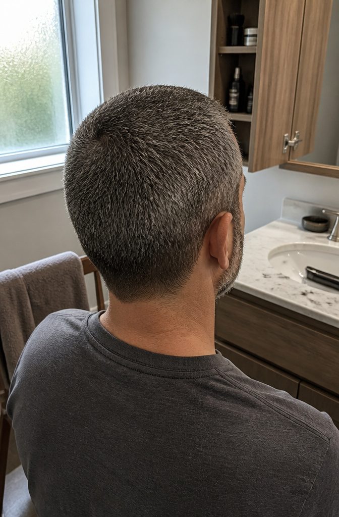 Man wearing a short salt-and-pepper crew cut with an even shape