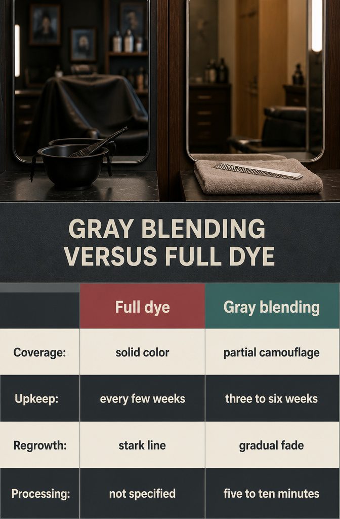 Gray Blending Versus Full Dye graphic comparing solid color and partial gray coverage