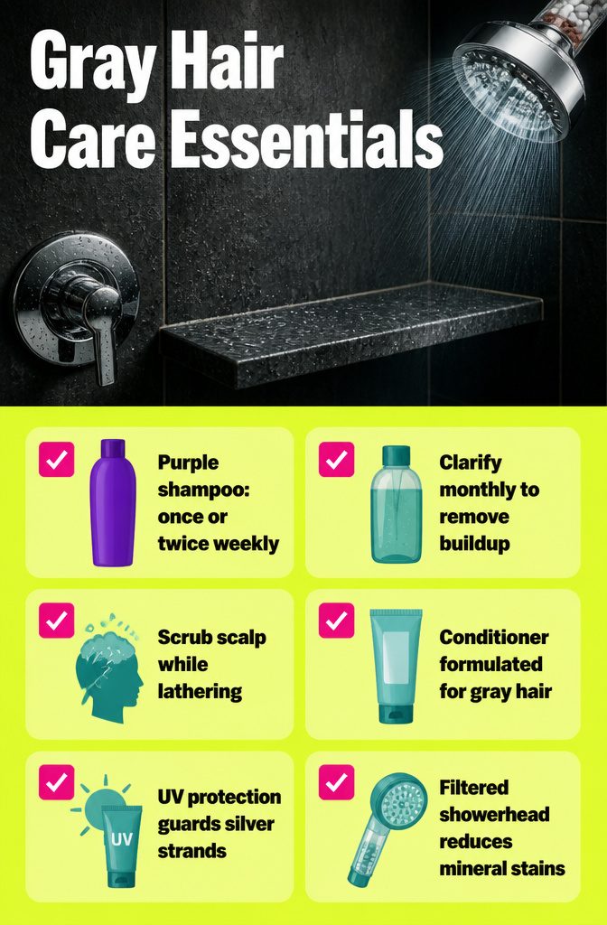 Gray Hair Care Essentials graphic listing shampoo UV protection and moisturizing products