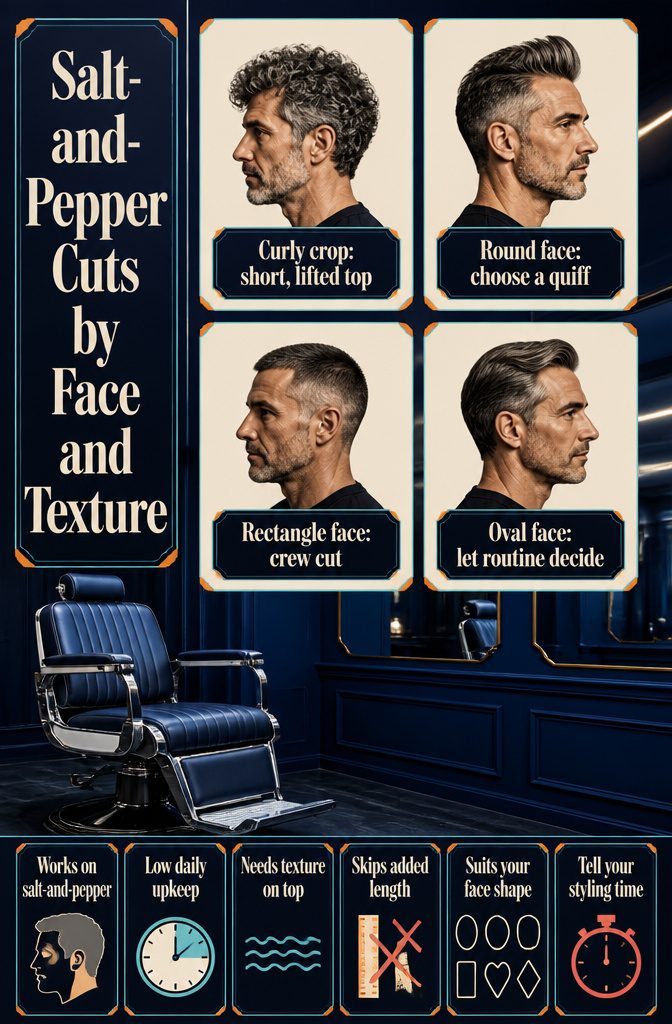 Salt-and-Pepper Cuts by Face and Texture chart listing face shapes hair textures and cuts