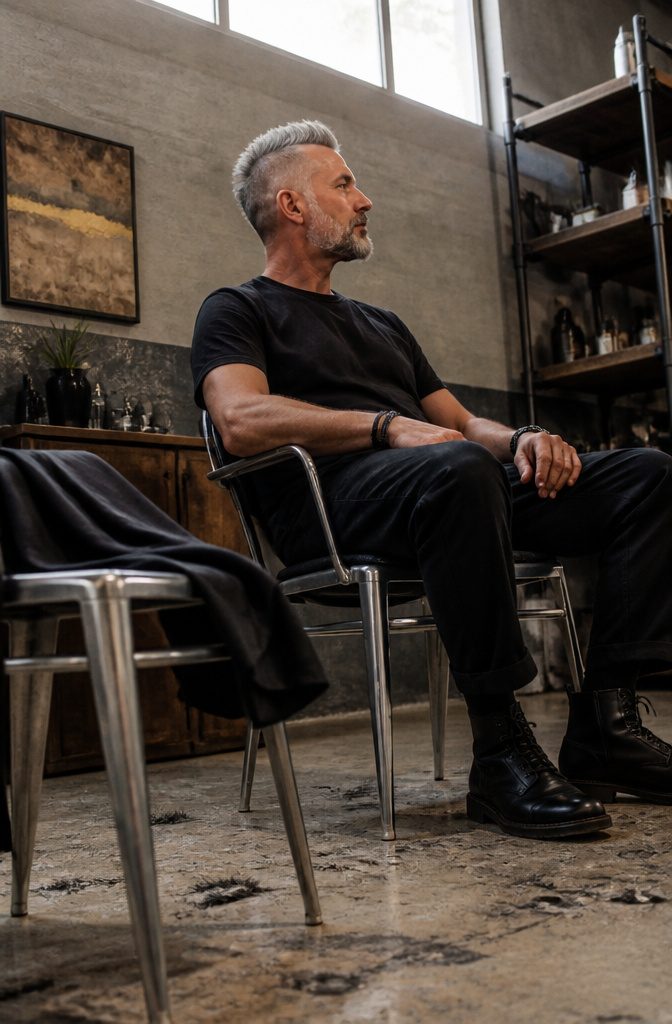 Man with a textured salt-and-pepper mohawk and closely shaved sides