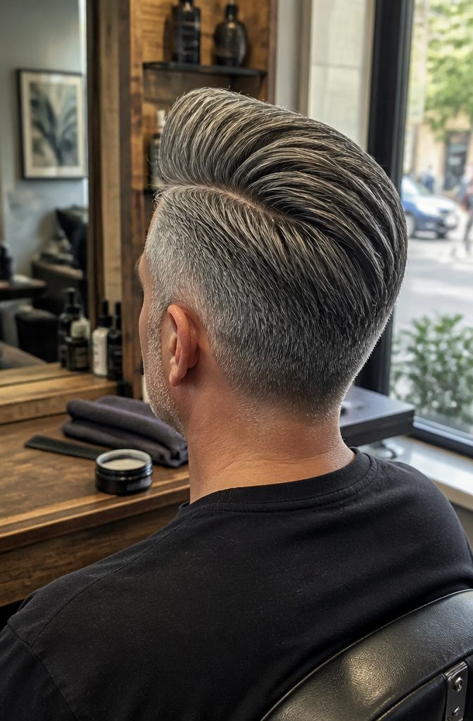Man with a salt-and-pepper quiff swept upward over tapered sides