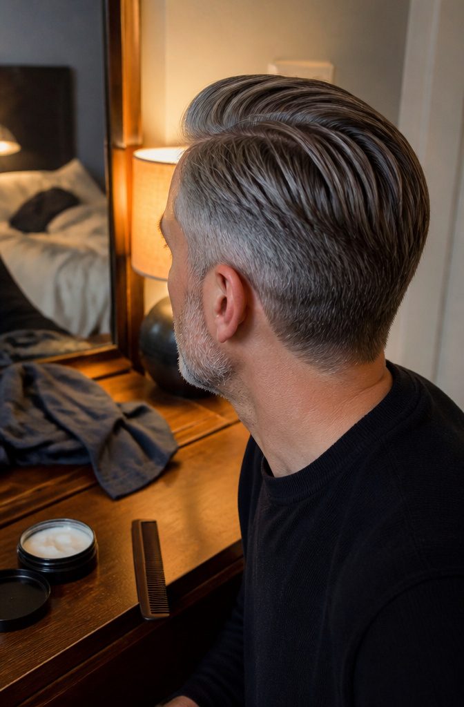 Man with a salt-and-pepper side part brushed over softly tapered gray sides