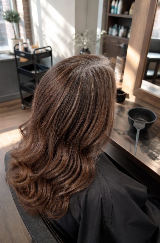 Softly faded hair with silver strands and visible regrowth at the part