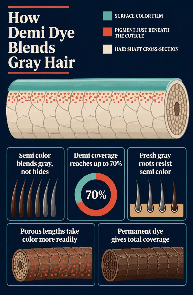 Demi dye diagram with gray strands showing partial color blending