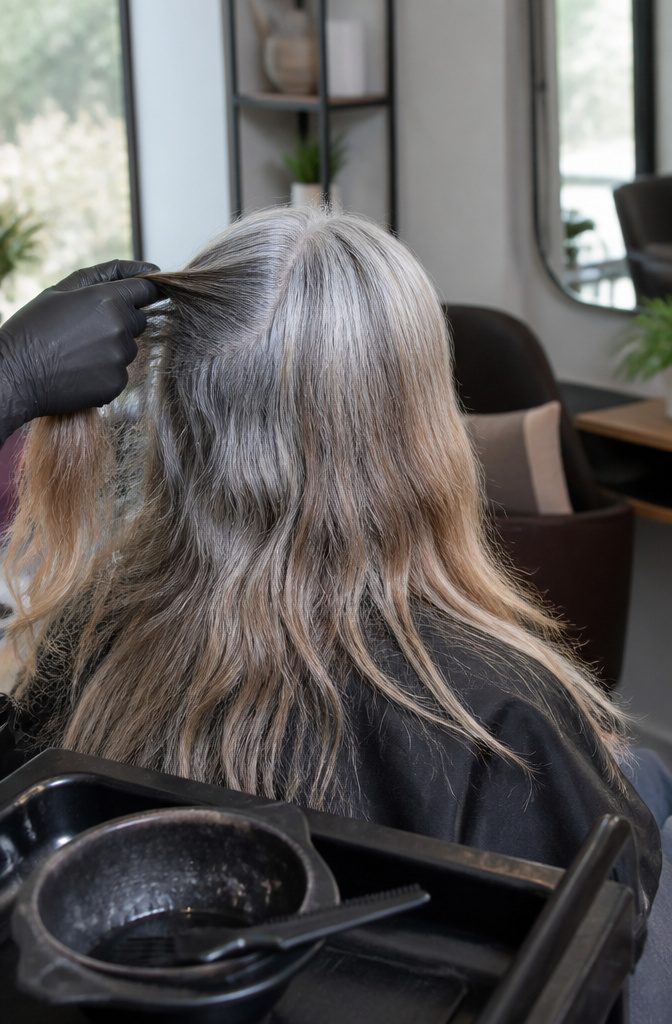 Hair showing bright silver root growth beside softly colored lengths