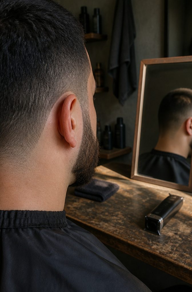 Sharp beard corner near the ear with the matching side visible in a mirror