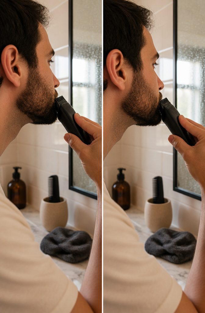 Short beard with a low angled cheek line running toward the mustache
