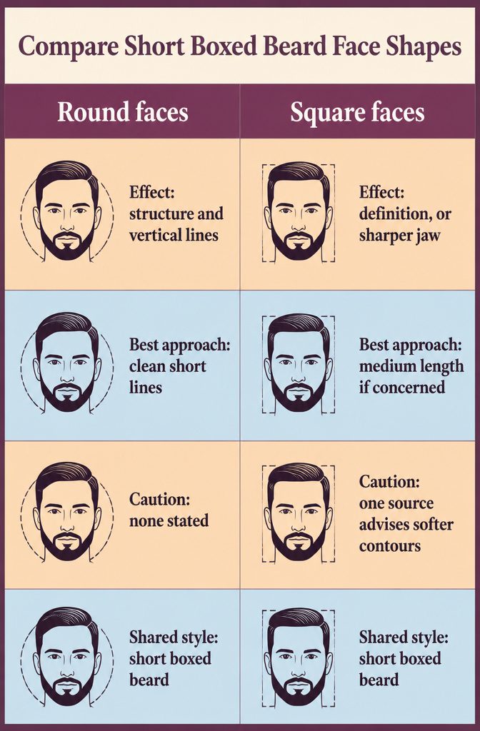 Examples of short boxed beards on round oval and square faces