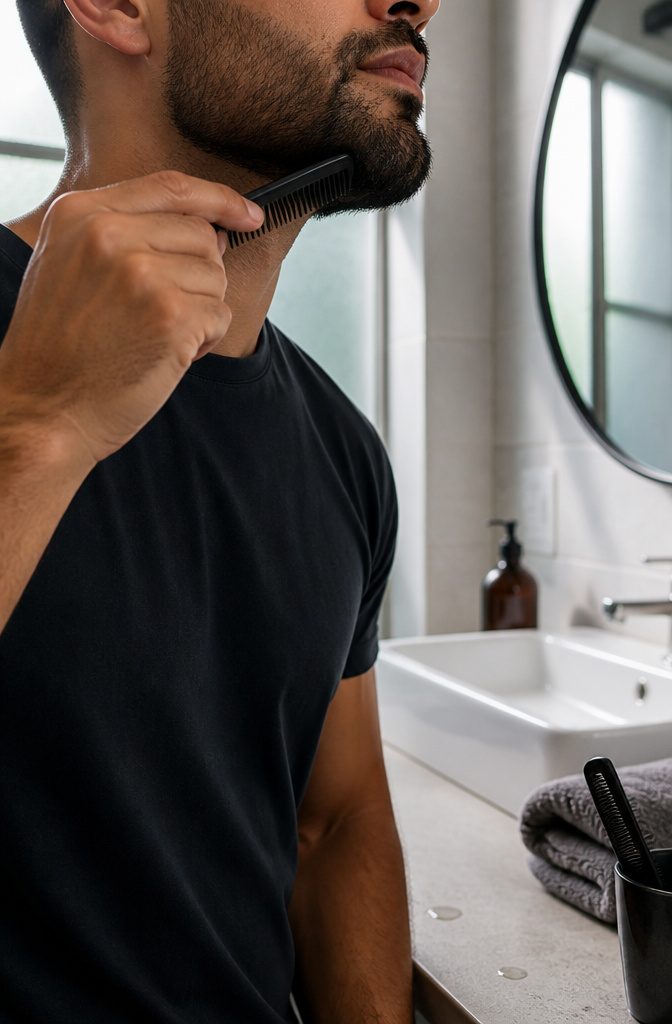 Plain comb moving through a dry beard in the direction of growth