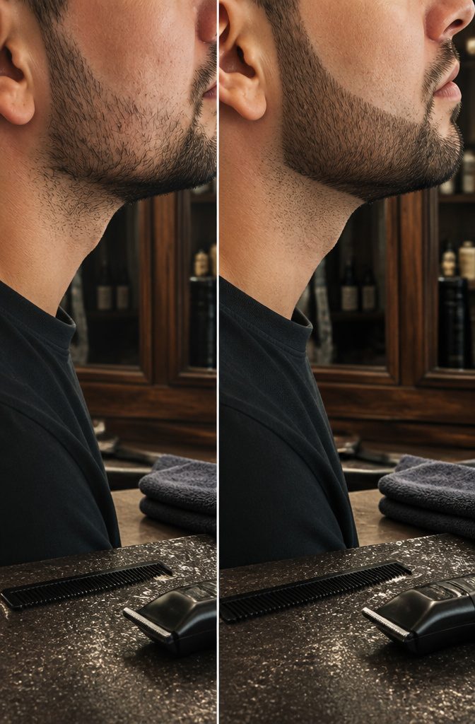 Short beard with a low cheek line beneath sparse upper cheek growth