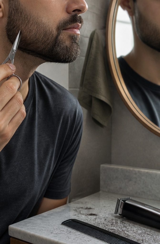 Scissors trimming cheek strays beside a mustache above the upper lip