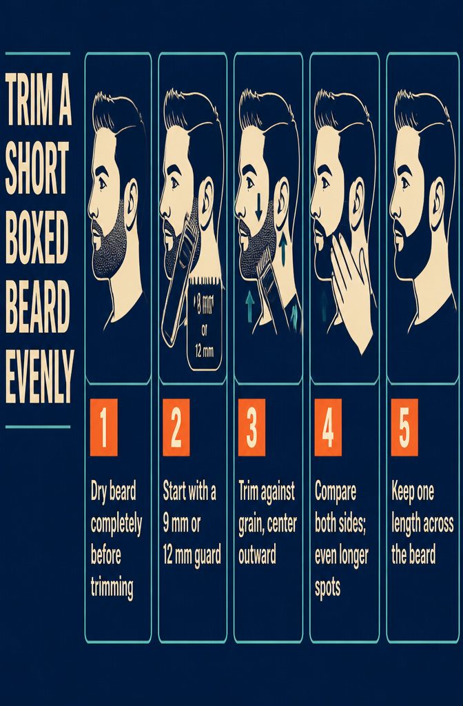 Dry beard being trimmed evenly with a guarded clipper