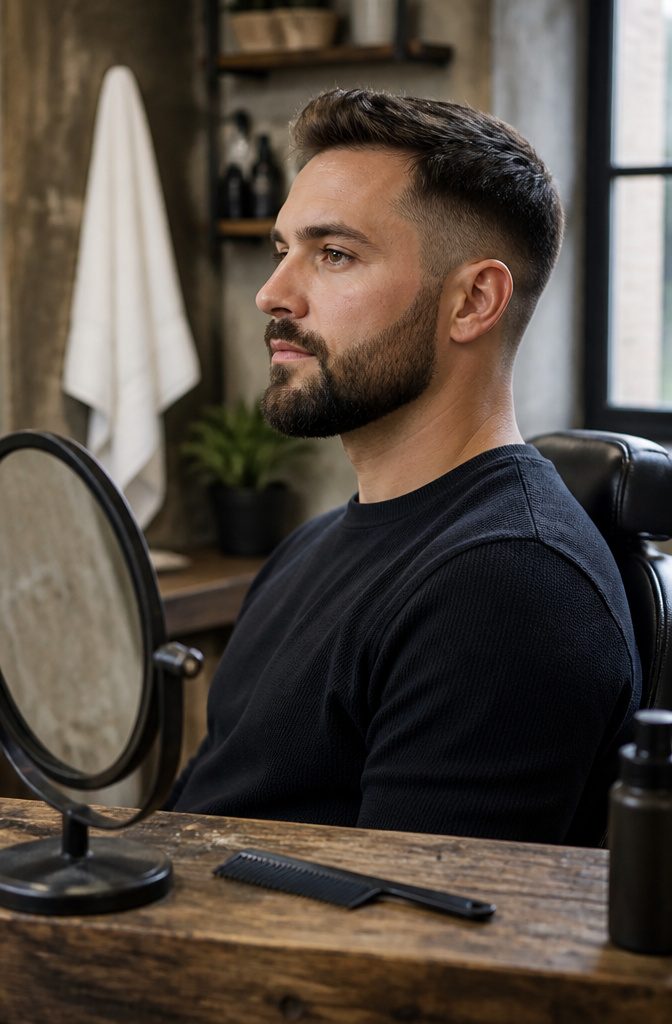 Short full beard with defined cheek and neckline borders along the jaw