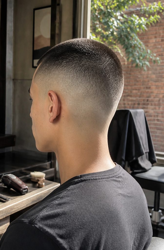 Man with a buzz cut top and faded sides shaved to bare scalp