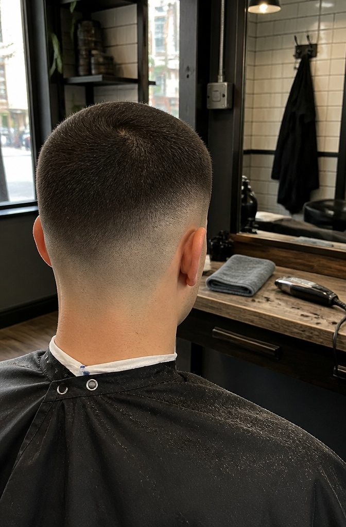 Man with a short even crew cut and closely faded sides