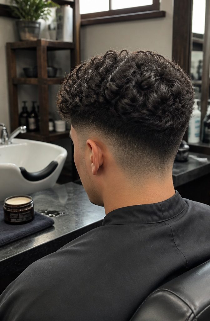 Man with a curly top and faded sides showing textured hair above the temples