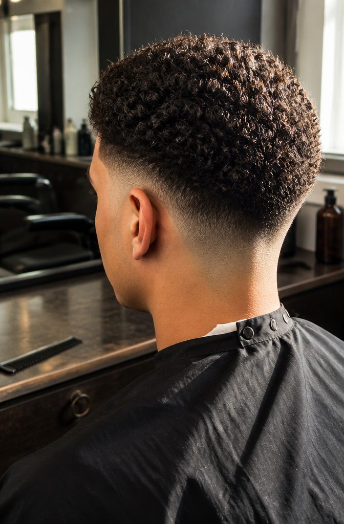 Man with a drop fade curving behind the ear toward the nape