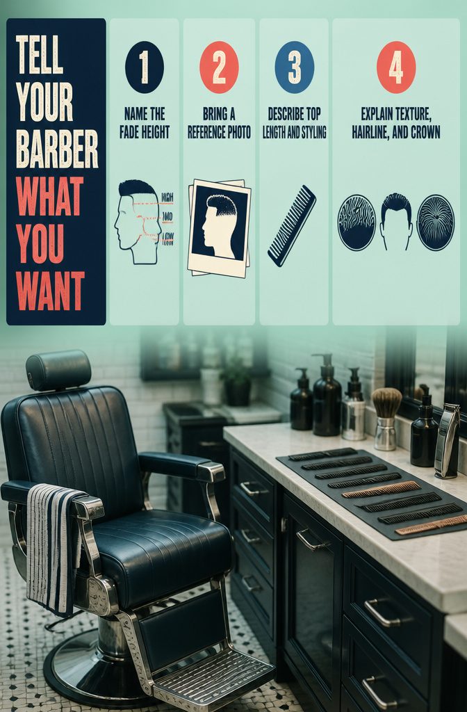 Barber and client discussing haircut length and fade placement in front of a mirror